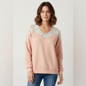 Peach V-Neck Sweatshirt with Ivory Lace Inset, Silver Banded Neckline XL